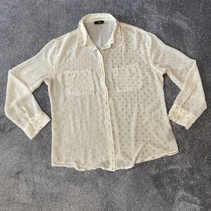 Mossimo Women's White And Gold Sheer Long Sleeve Blouse Top Size Small Button Up